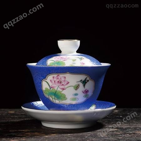 单个手绘开片陶瓷盖碗 家用中式仿古珐琅彩盖碗可定制 万花荷花三才杯