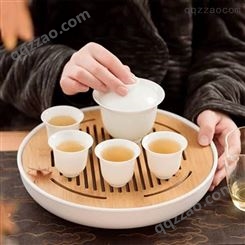 日式功夫陶瓷茶具套装 便携快客杯带包装 陶瓷侧把壶带木制干泡茶盘