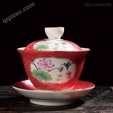 单个手绘开片陶瓷盖碗 家用中式仿古珐琅彩盖碗可定制 万花荷花三才杯