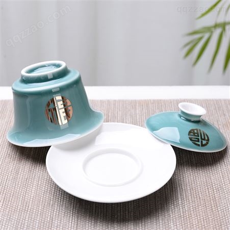 3.8寸霁蓝陶瓷盖碗茶杯创意功夫茶具泡茶碗logo定制150ml三才盖碗