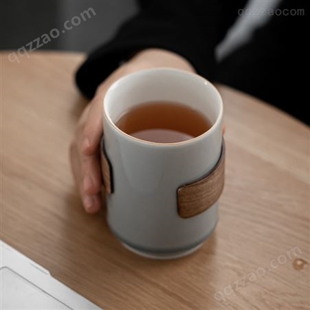 竹木扣腰水杯 日式简约冰灰烟灰釉陶瓷茶杯大号主人杯个人单杯