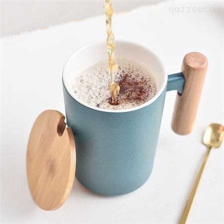 CODA梦幻杯D1929家用办公室简约北欧风陶瓷杯单柄随手杯带木盖金属勺咖啡牛奶杯450ml